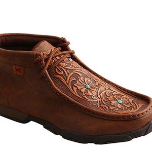 Twisted X Woman’s Brown Tooled Flowers Driving Moccasins- Moc Toe